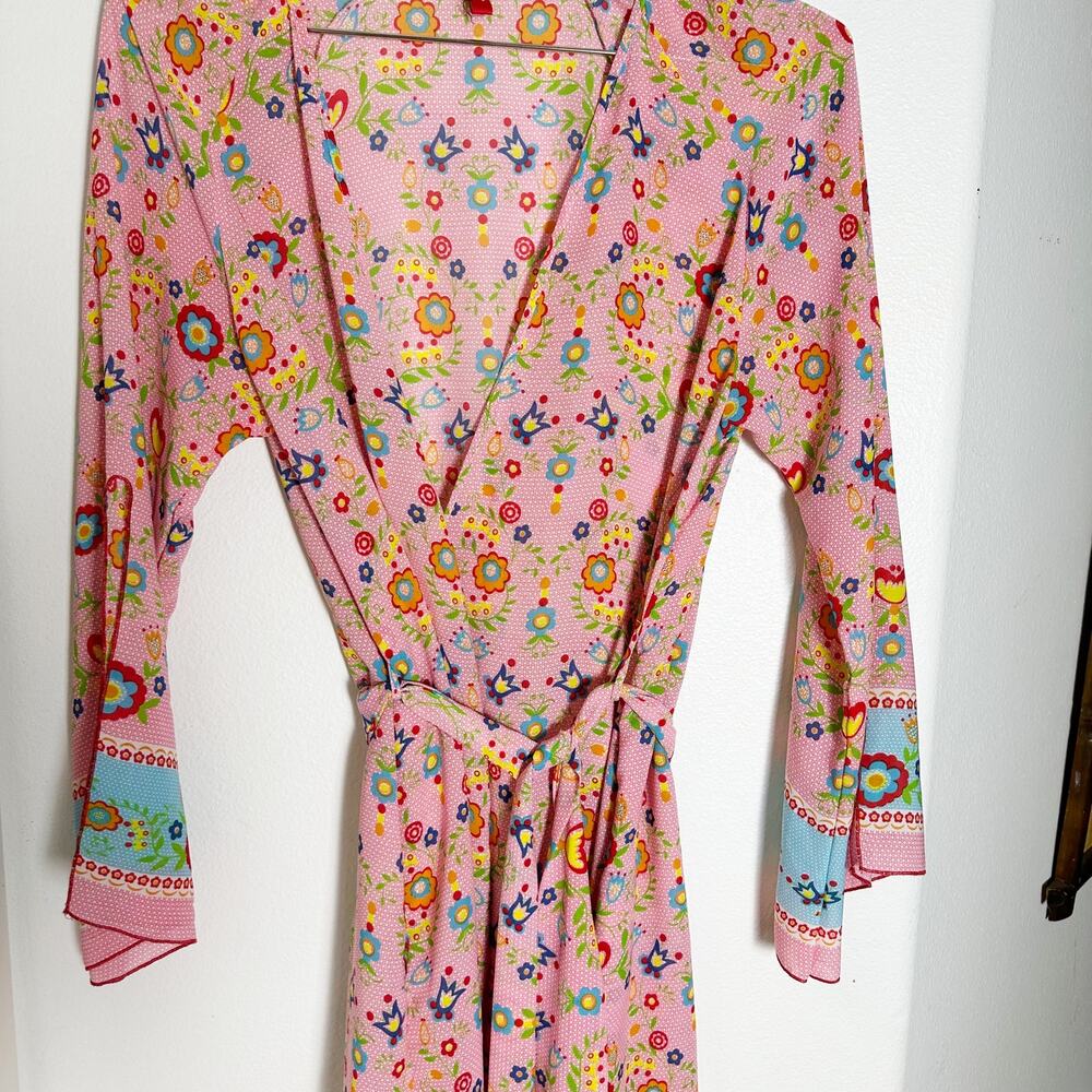 Josie Natori Pink Floral Wrap Robe Size M Boho Lightweight Belted - Picture 2 of 8